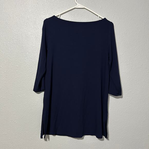 Eileen Fisher Tunic Top Small Navy 3/4 Sleeve Boat Neck Side Slits - Picture 7 of 8
